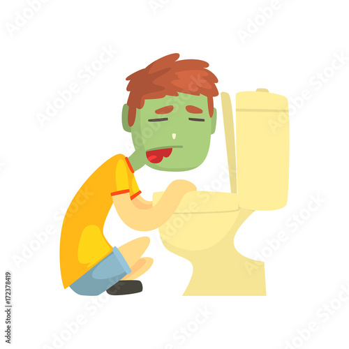 Sick boy vomiting into the toilet bowl cartoon character vector illustration