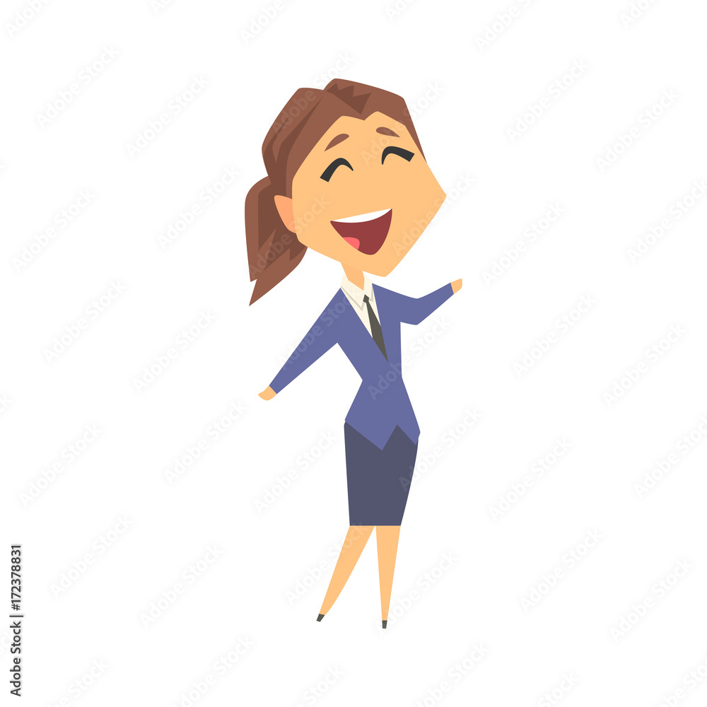 Beautiful businesswoman character in formal wear smiling happily, business person at work cartoon vector illustration Beautiful businesswoman character in formal wear smiling happily, business person at work cartoon vector illustration