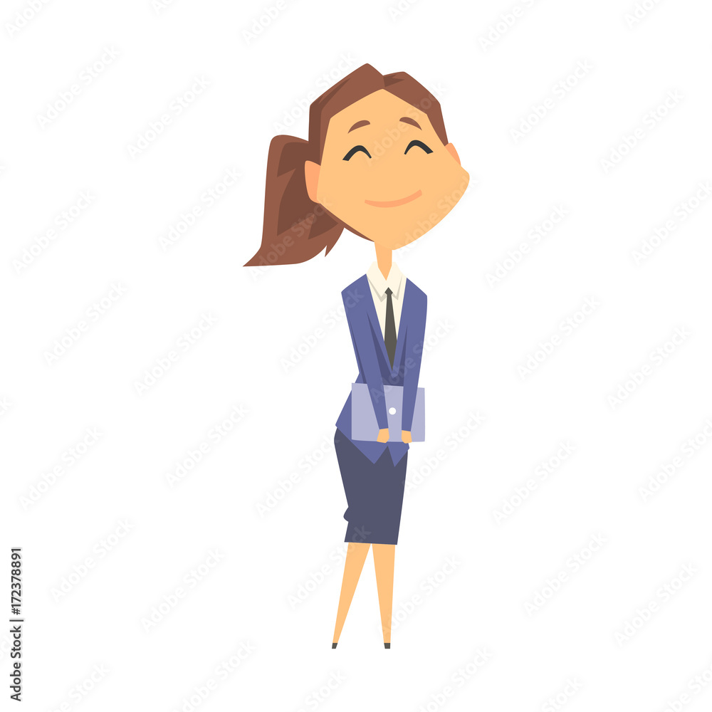 Smiling businesswoman character in formal wear standing with a folder in her hands, business person at work cartoon vector illustration