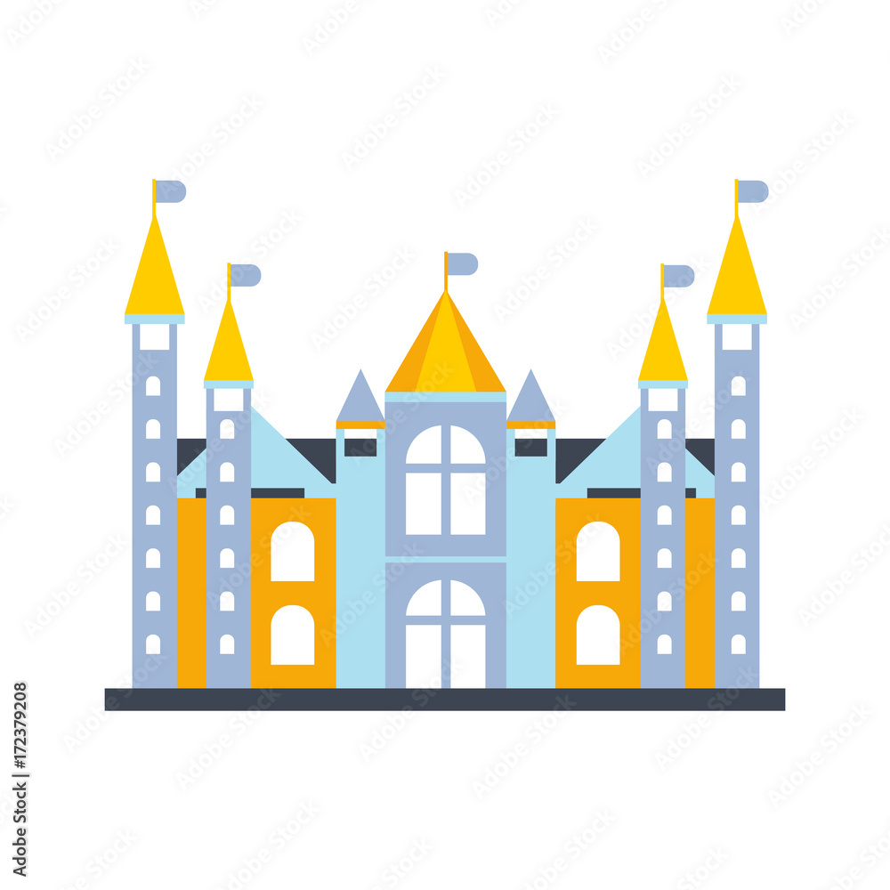 Colorful fairytale royal castle or palace building with flags vector illustration