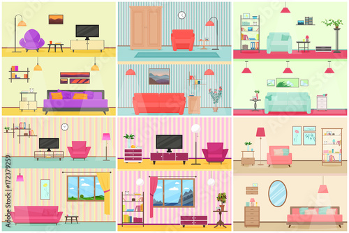 Vector illustration of various flat cartoon interiors of living room. © lembergvector