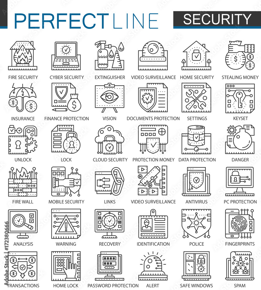 Security outline mini concept symbols. Data PC Protection technology modern stroke linear style illustrations set. Perfect thin line icons.