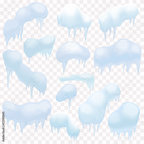 Set of different shaped snow pieces on alpha transparent background.