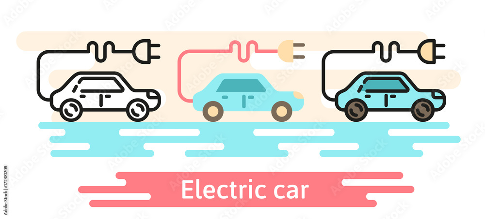 Electric car vector icon template. This illustration shows a car with an electric plug. Linear, flat and meterial design symbols Electric car vector icon template. This illustration shows a car with an electric plug. Linear, flat and meterial design symbols