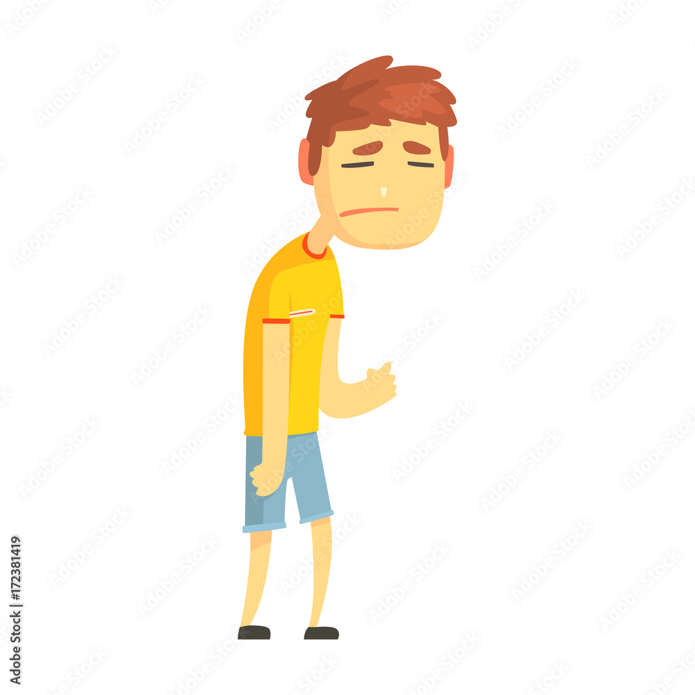 Sick boy with running nose, mucus flowing from his nose cartoon character vector illustration