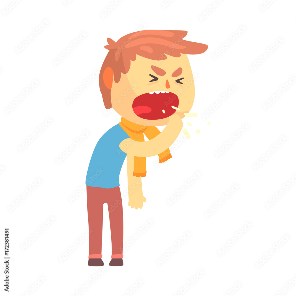 Sick boy character coughing with fist in front of his mouth cartoon vector illustration