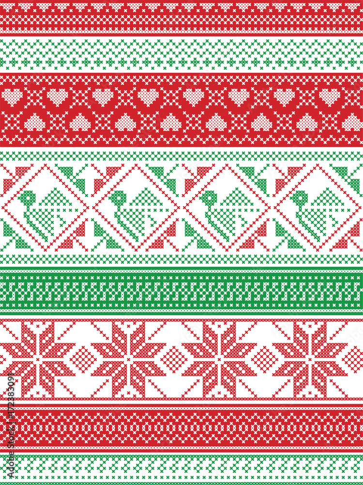 Nordic style and inspired by Scandinavian Christmas pattern illustration in cross stitch in red and white, green including Robin , snowflake, heart, stars, and decorative seamless ornate patterns
