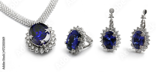 ring, necklace and earrings with sapphires, tanzanite, gems and diamonds