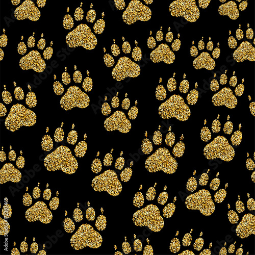 Vector golden glitter dog paw print seamless pattern animal foot stamp endless texture