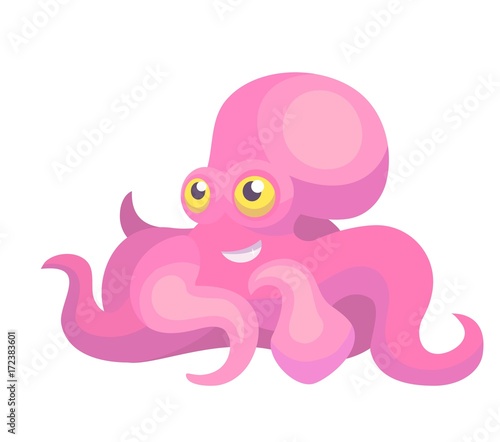 Vector funny cartoon cute pink octopus smile, children illustration isolated on white background