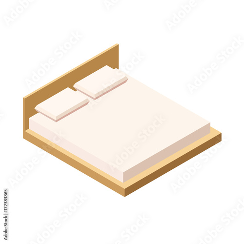 Isometric double bed with mattress and a high back.