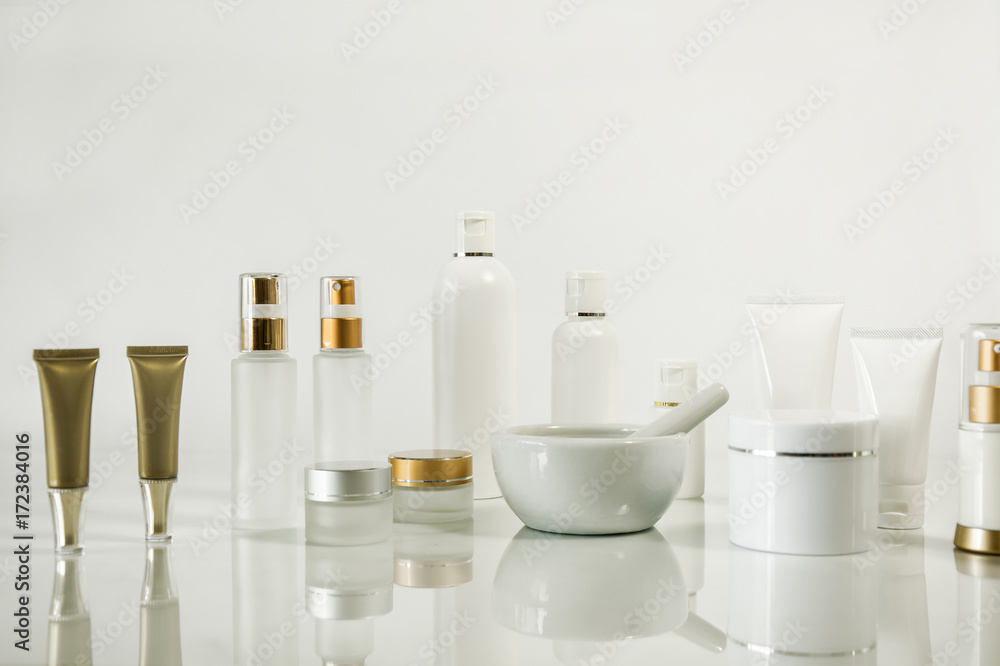 Sets of cosmetics bottle collection packaging. Sets of cosmetics bottle collection packaging.