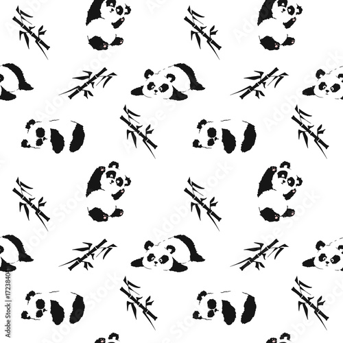 Fototapeta Naklejka Na Ścianę i Meble -  Seamless pattern with playing pandas and bamboo. Hand draw vector illustration