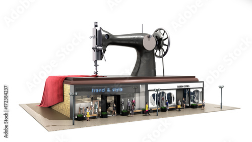 garment industry a concept for the production of branded clothes sewing machine is on the roofs of boutiques 3d render on white no shadow