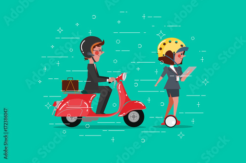 Cartoon Character design flat style. Smart Businessman riding a scooter Businesswoman on the Segway