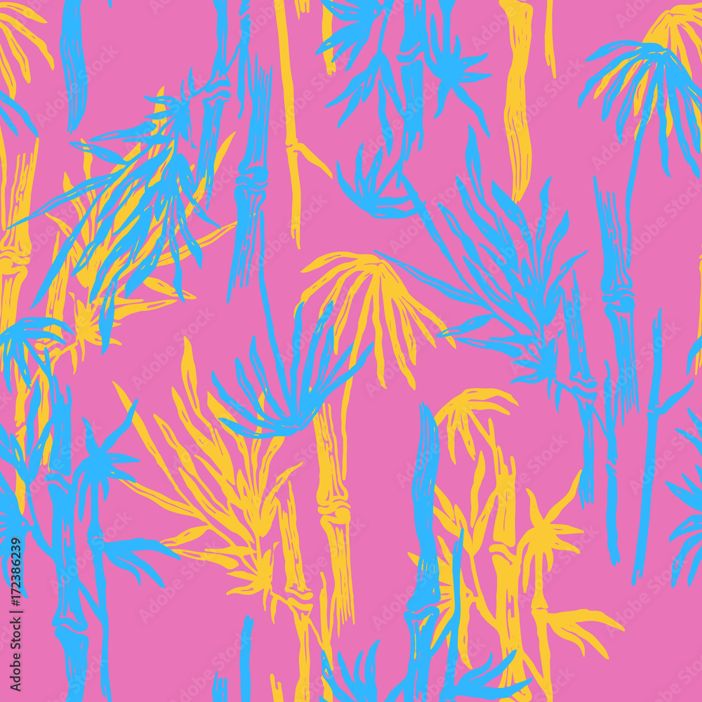 Naklejka premium Bamboo seamless tropical leaves pattern on exotic trendy background. Tropical asian plant wallpaper, chinese or japanese nature textile print.
