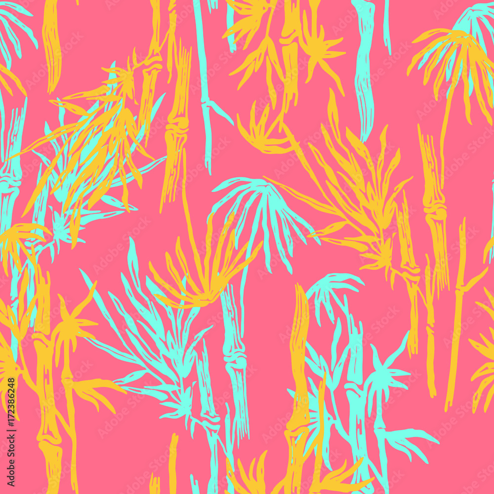 Bamboo seamless tropical leaves pattern on exotic trendy background. Tropical asian plant wallpaper, chinese or japanese nature textile print.