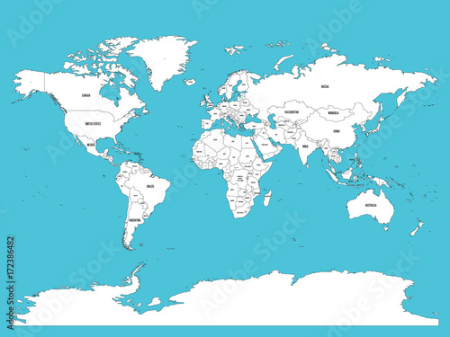 Political map of world. White lands and blue water. Vector illustration.