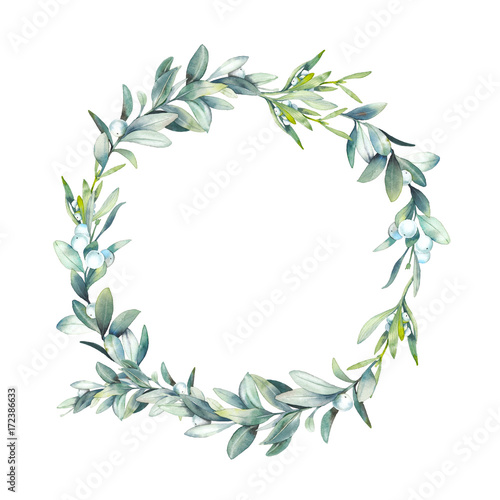 Watercolor Christmas floral wreath.  Botanical frame with traditional plants decor: mistletoe, eucalyptus leaves and white berries. Holiday illustration isolated on white background