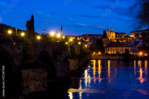 Old Town ancient architecture and river pier in Prague, Czech Republic