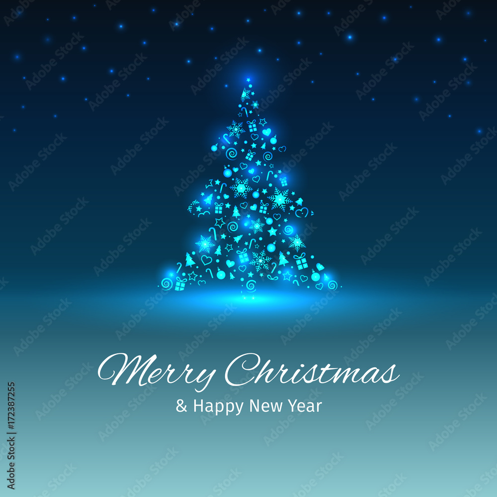 Christmas tree with lights, Christmas and New Year greeting card, place for text, vector illustration with well organized layers Christmas tree with lights, Christmas and New Year greeting card, place for text, vector illustration with well organized layers