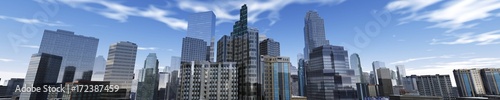 panorama of a modern city  skyscrapers view from below  3d rendering  