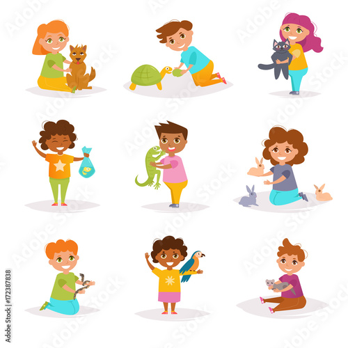 Children and their pets. Vector. Cartoon