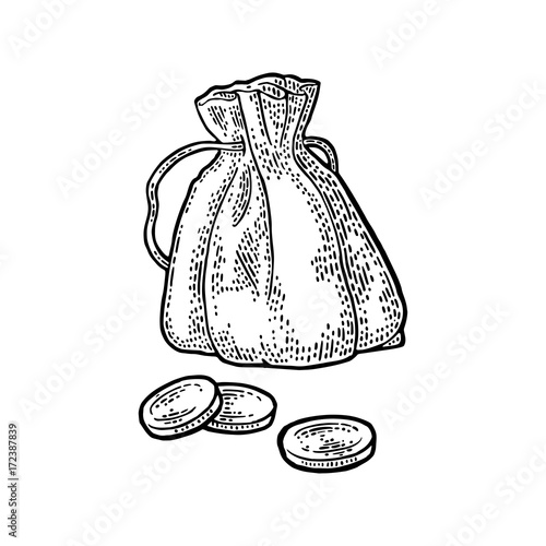 Old money bag with coins. Vintage black vector engraving