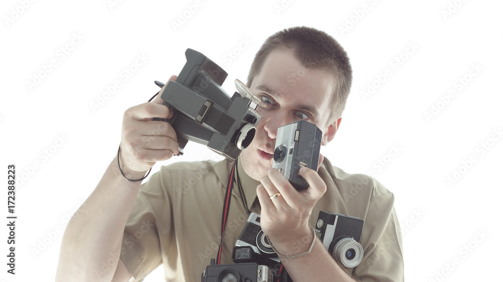 funny man taking photos with old camera