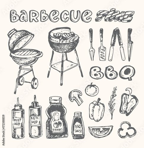 Big Hand drawn doodle barbecue set. BBQ food