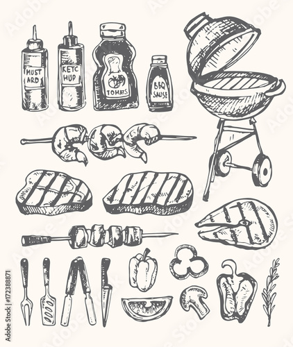 Big Hand drawn doodle barbecue set. BBQ food