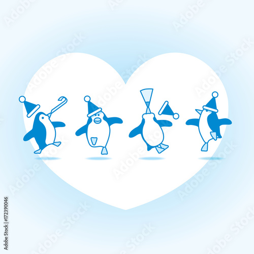 Dancing Santa Penguins Partying on White Heart