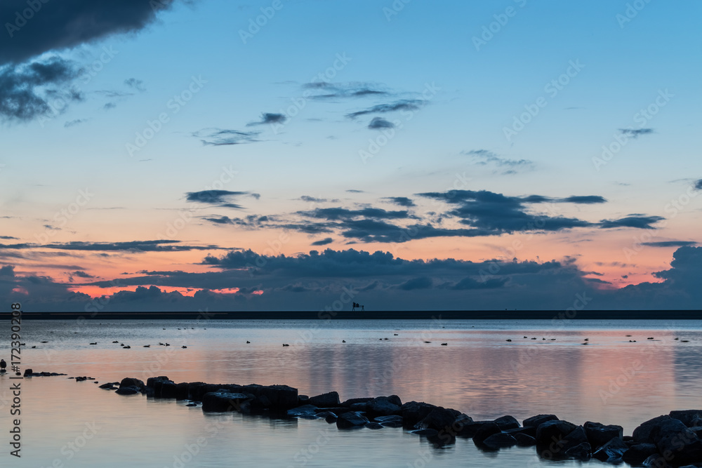 Fototapeta premium Beautiful sunset with rock in the foreground and birds in the background, Ijselmeer Holland