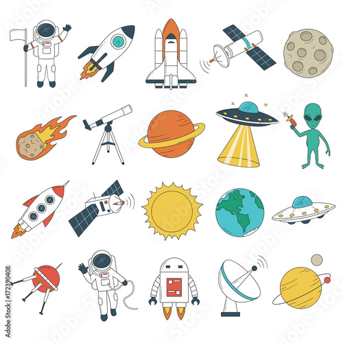 Set of space objects. Spaceship, rockets, planets, astronaut, alien, UFO etc