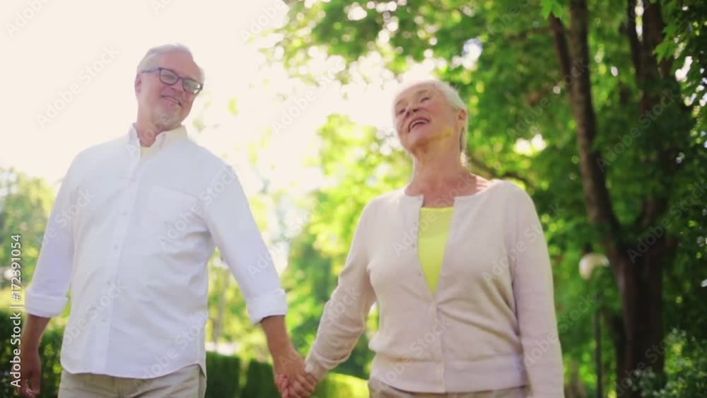 happy senior couple walking at summer city park happy senior couple walking at summer city park
