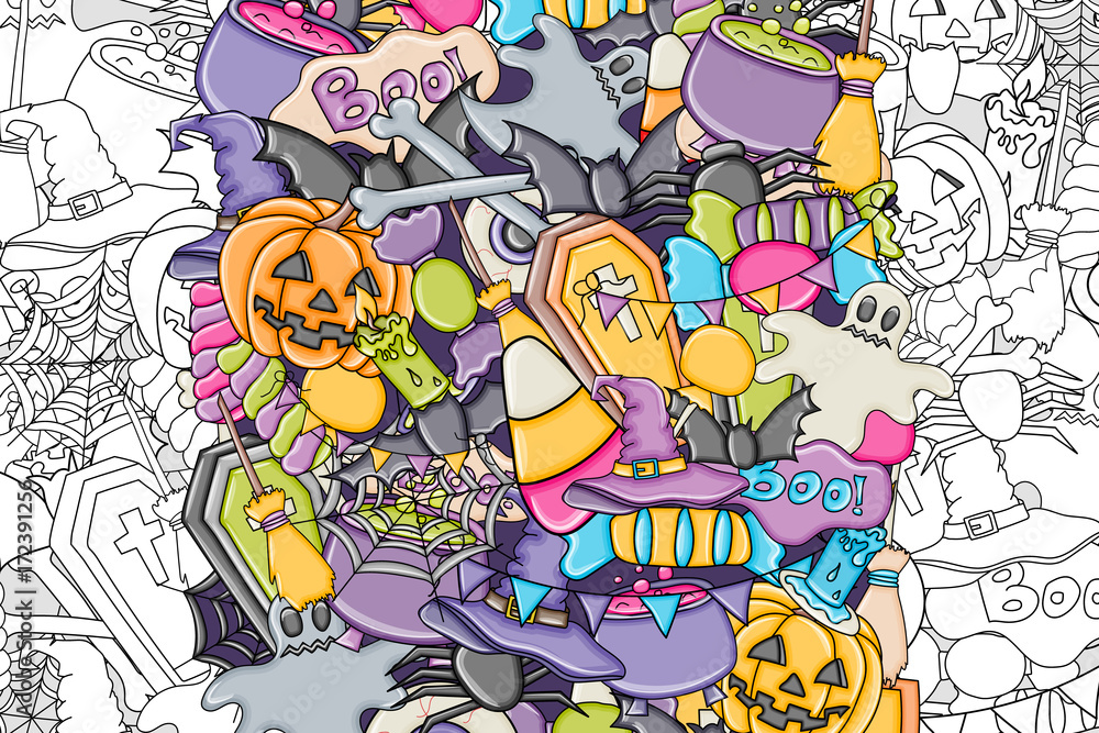 Fototapeta Halloween background. Holiday design elements. Template for flyer brochure banner advertisement. Outline coloring page. Vector illustration.