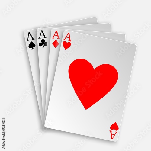 A winning poker hand of four aces playing cards suits on white.
