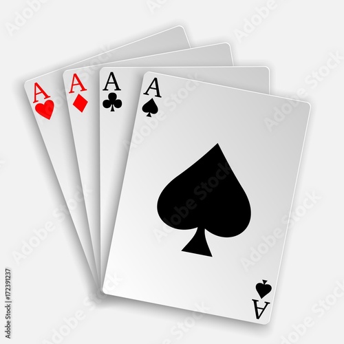 A winning poker hand of four aces playing cards suits on white.