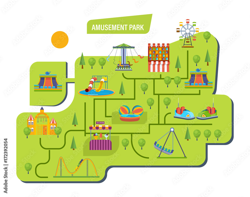 Naklejka premium Amusement park for children with carousels, roller coaster, attractions.