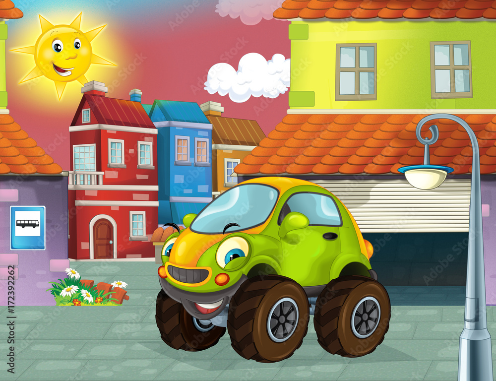 cartoon fast off road car looking like monster truck driving through the  city or parking near the garage - illustration for children Stock  Illustration | Adobe Stock
