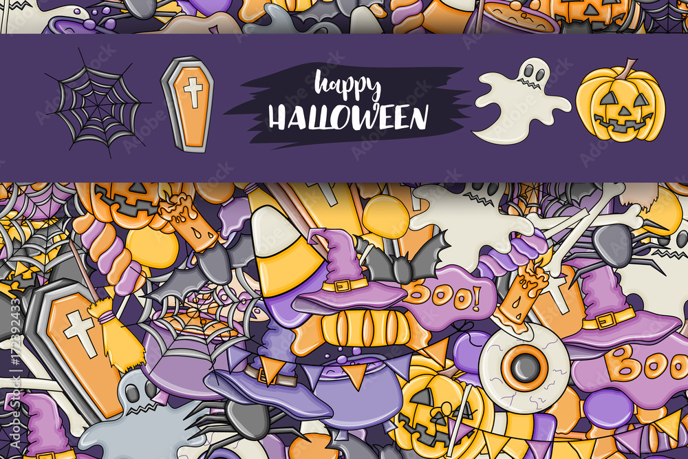 Obraz premium Halloween background. Holiday design elements. Template for flyer brochure banner advertisement. Vector illustration.