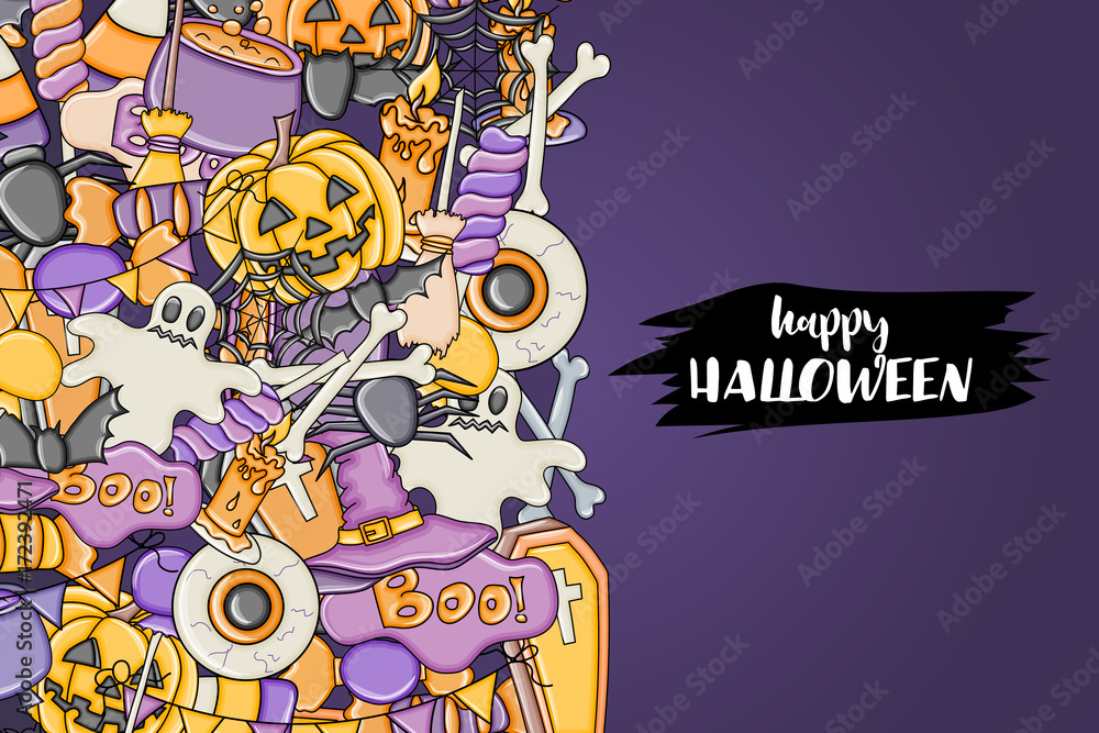 Obraz premium Halloween background. Holiday design elements. Template for flyer brochure banner advertisement. Vector illustration.