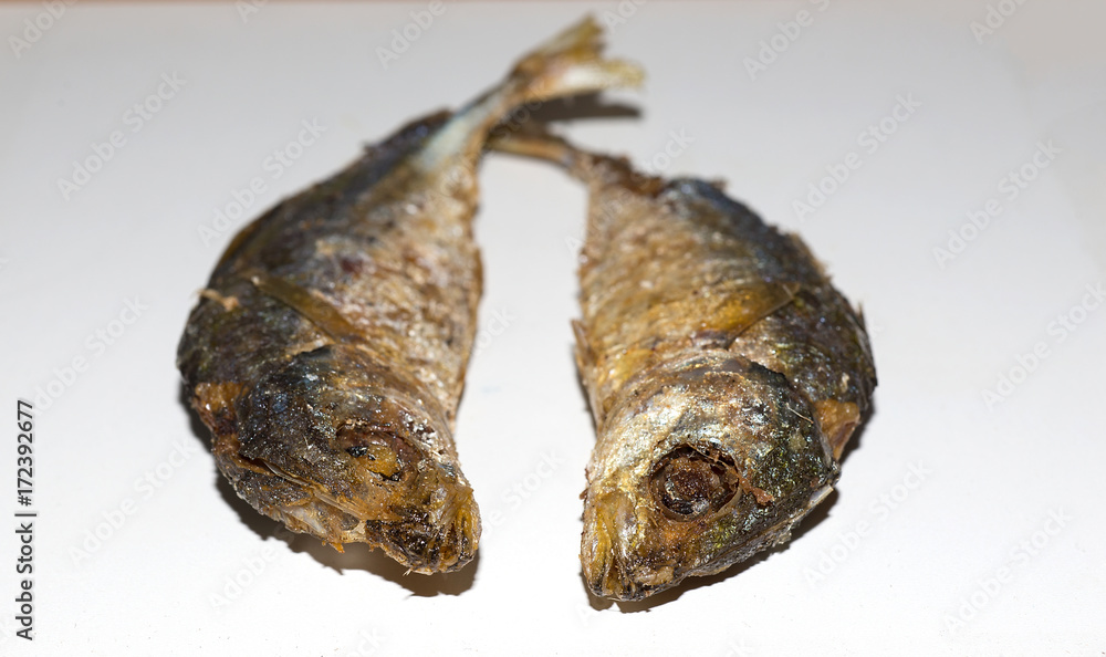 Fried fish with white backdrop Fried fish with white backdrop