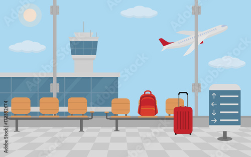 Background of hall at airport. Flat style, vector illustration.
