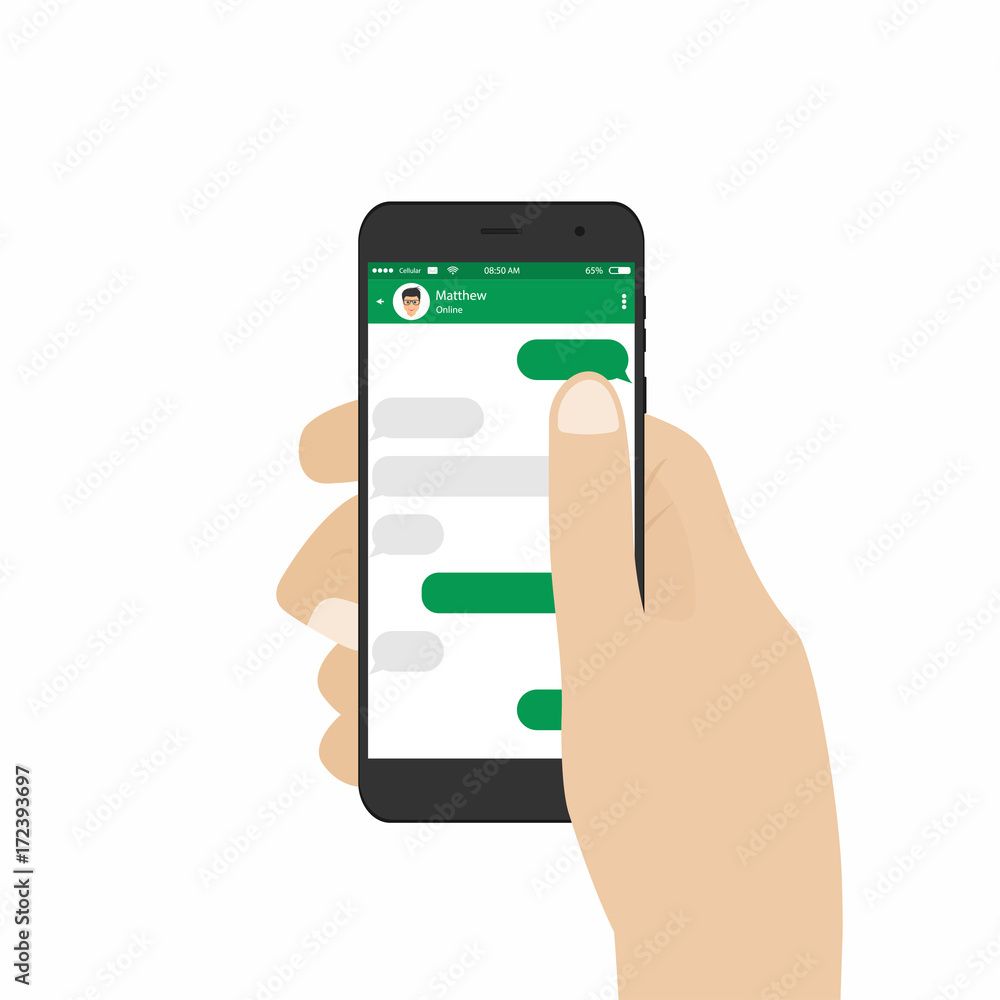 Messenger and social network concept. Hand holding smartphone with blank template messeges Messenger and social network concept. Hand holding smartphone with blank template messeges