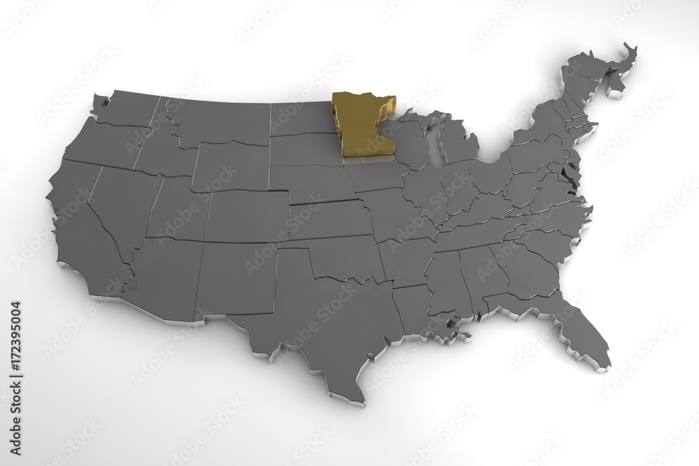 United States of America, 3d metallic map, with minnesota state highlighted. 3d render