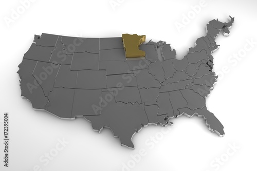 United States of America, 3d metallic map, with minnesota state highlighted. 3d render