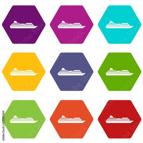 Cruise liner icon set color hexahedron