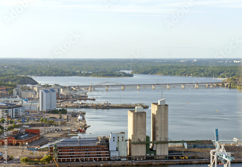 Aerial cityscape from the observation deck at the top of the TV tower Kaknastornet, Stockholm, Sweden photo