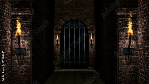 Torches and iron castle gate loop video